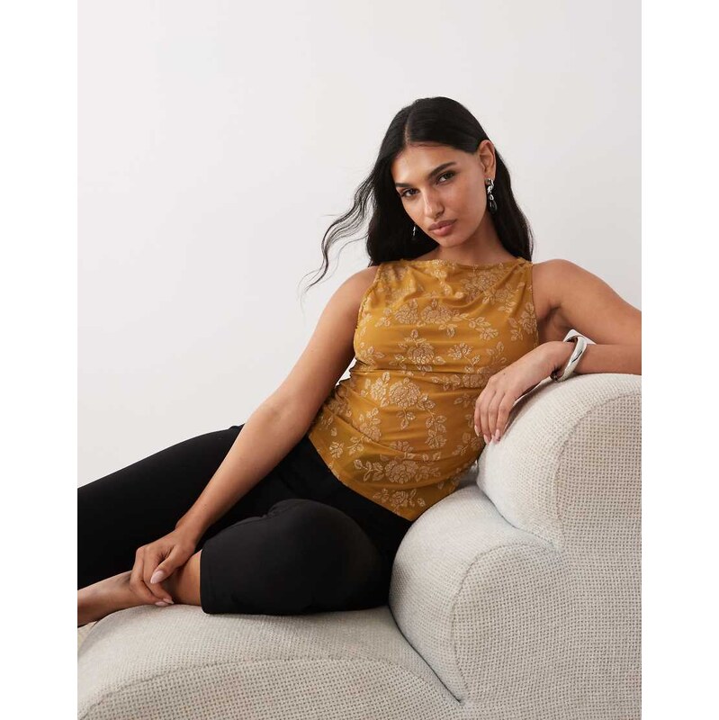 ASOS DESIGN glitter burnout cowl neck top in amber-Copper