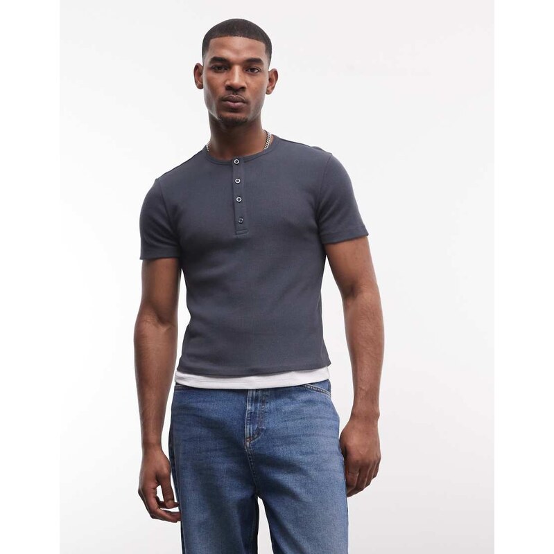 COLLUSION henley double layer short sleeve t-shirt in navy