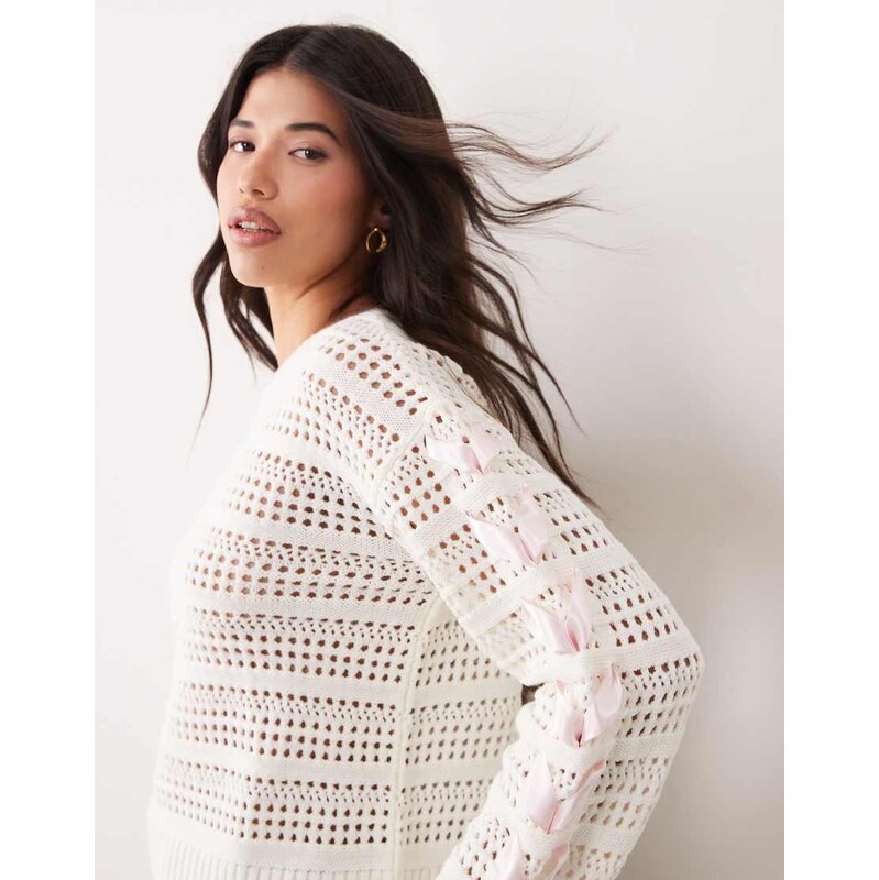 Miss Selfridge crochet knitted top with satin bow sleeve detail in 114221974