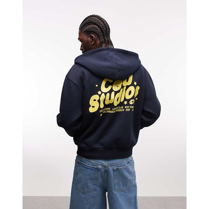 ASOS DESIGN boxy zip through hoodie with print in navy