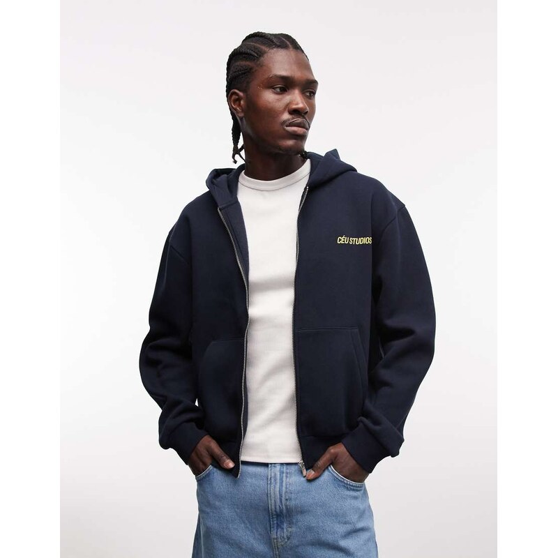 ASOS DESIGN boxy zip through hoodie with print in navy