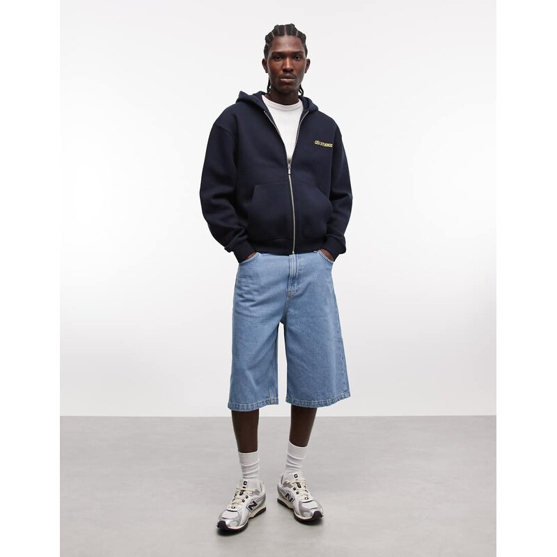 ASOS DESIGN boxy zip through hoodie with print in navy
