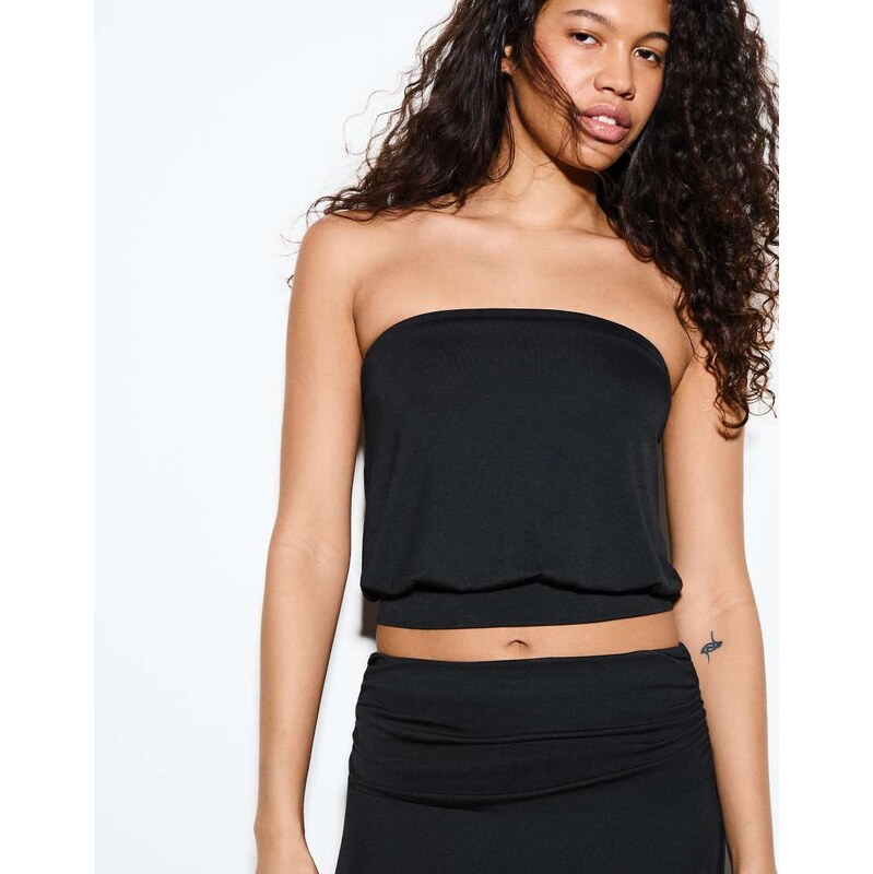 Bershka Bandeau waist cincher top in black 114221992