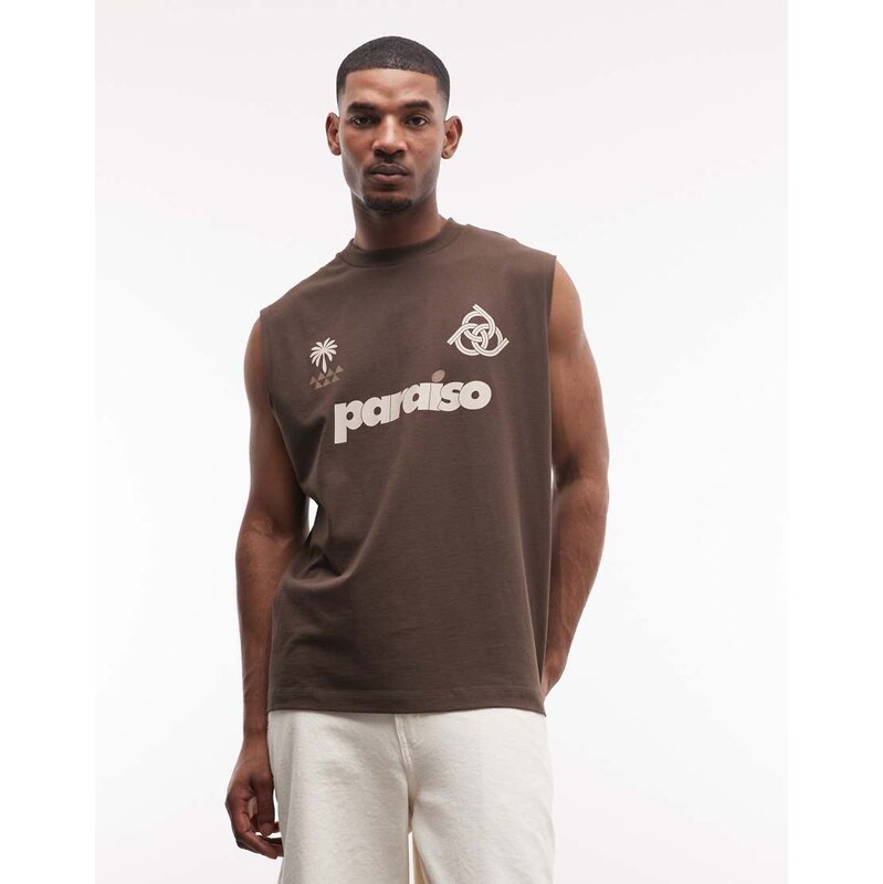 ASOS DESIGN oversized tank with front football graphic in brown
