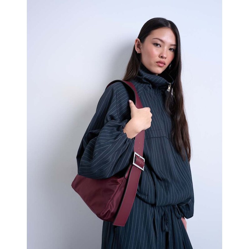 Topshop Kyliemedium nylon cross body with contrast strap in burgundy 115512599