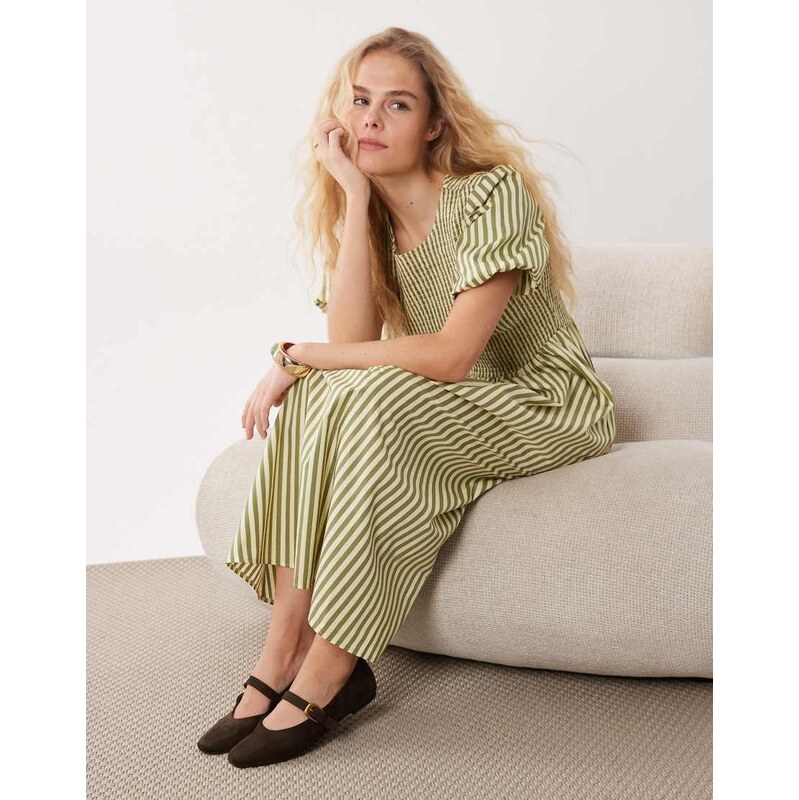 New Look stripe shirred midi dress in green