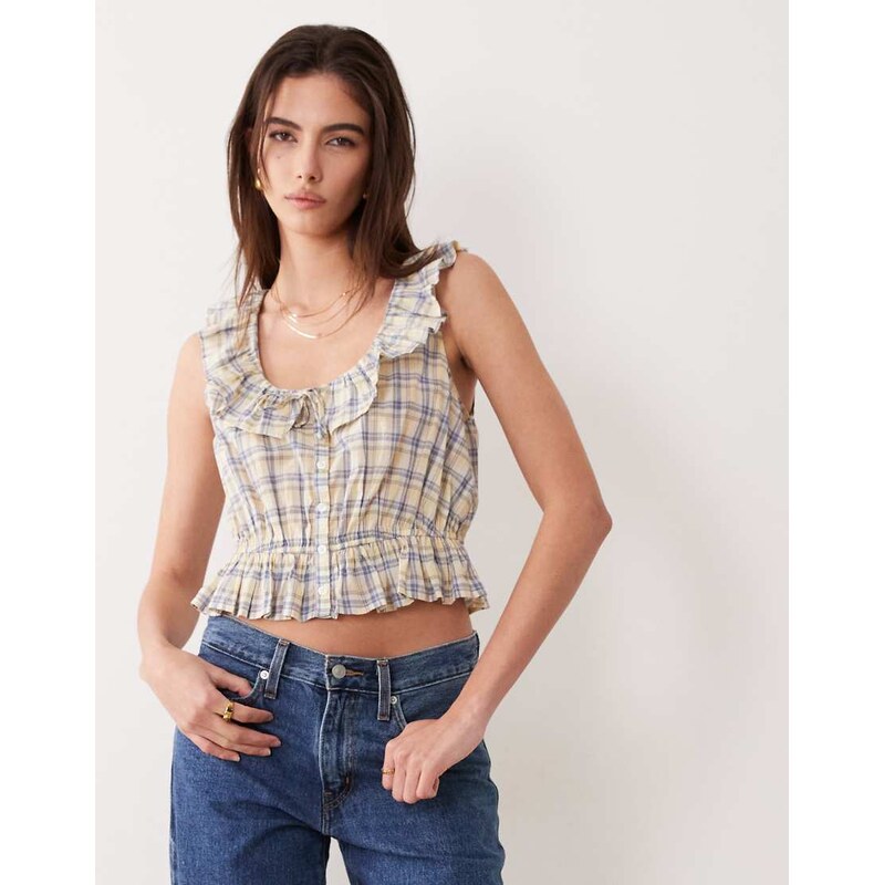 Abercrombie & Fitch ruffle milkmaid top in blue check 114240869