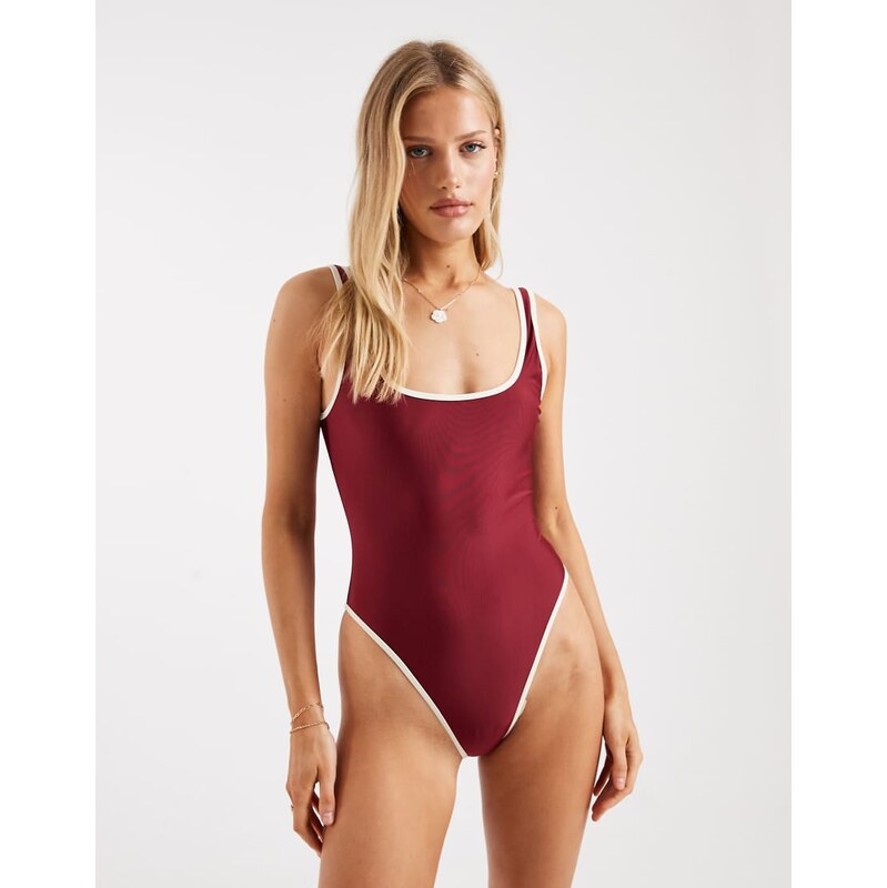 Brave Soul scoop back swimsuit in raspberry red 115515610