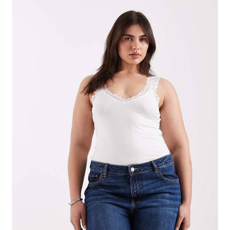 Vero Moda Curve jersey tank with lace trim in white