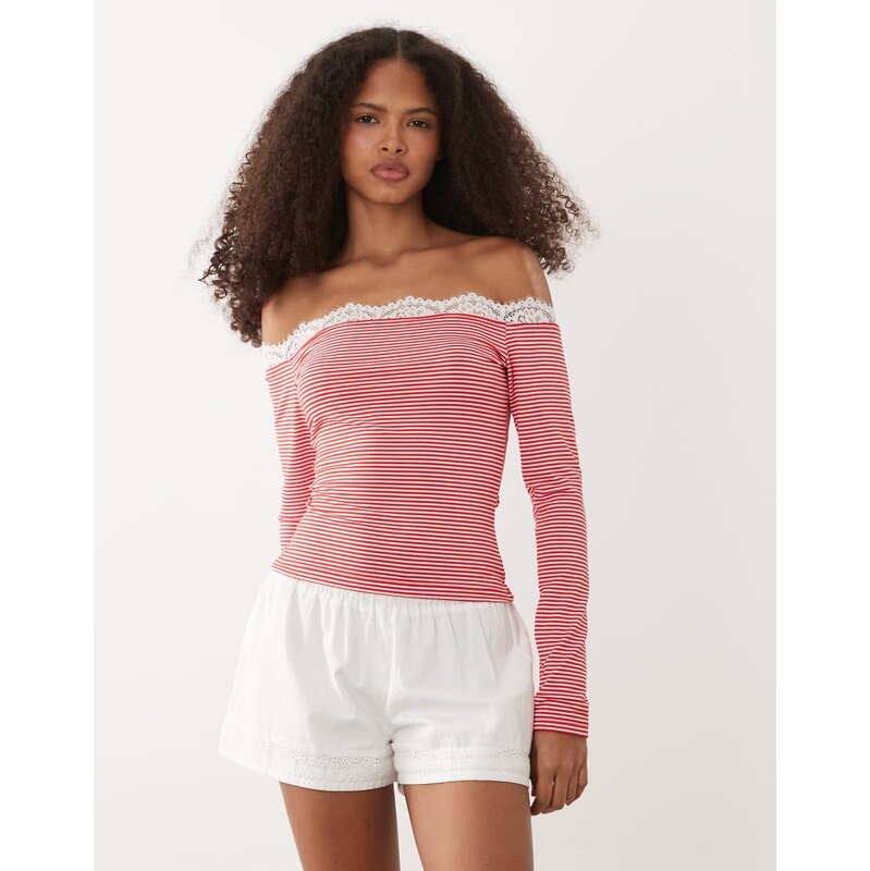 ASOS DESIGN off shoulder long sleeve with lace trim top in red