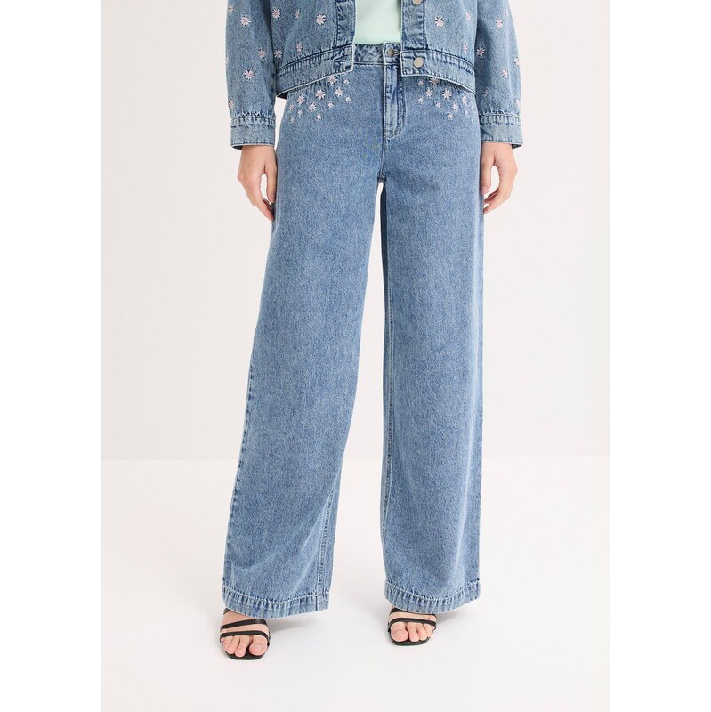 bonprix Džíny Wide Leg, Mid Waist, bavlna modrá Žena