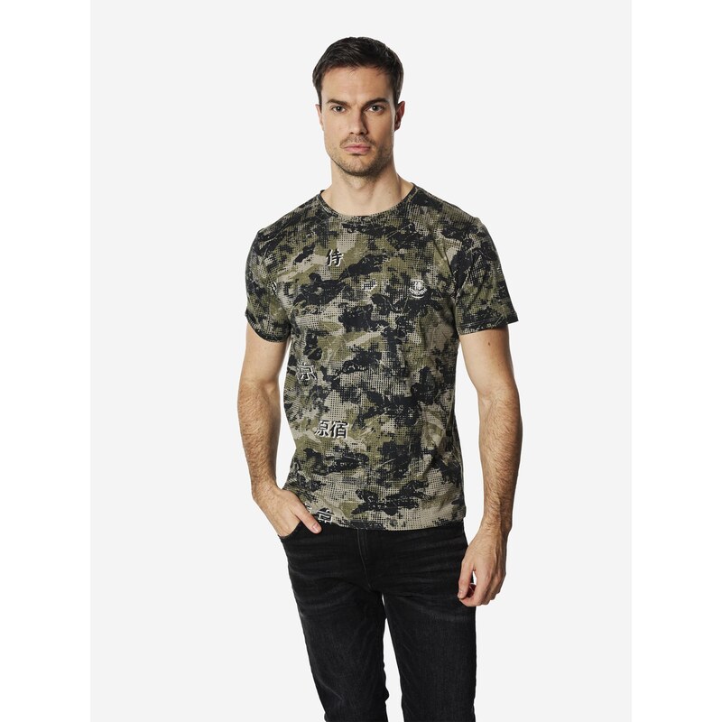 KOROSHI Tričko khaki / černá / bílá
