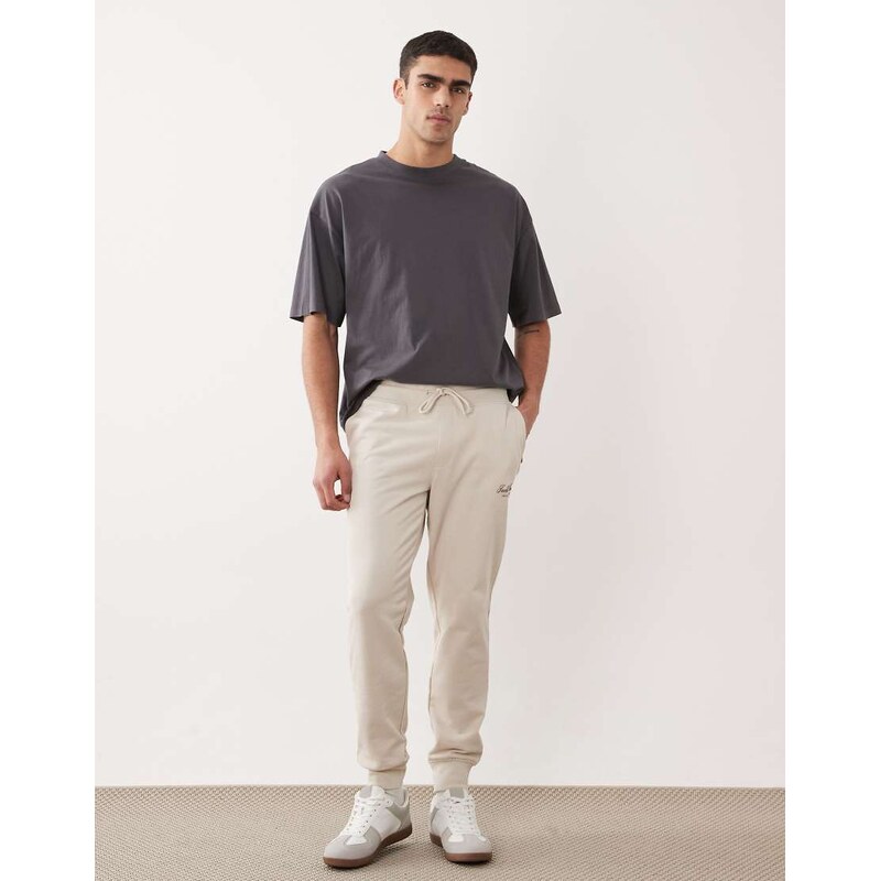Jack & Jones straight fit cuffed jogger with logo in in beige