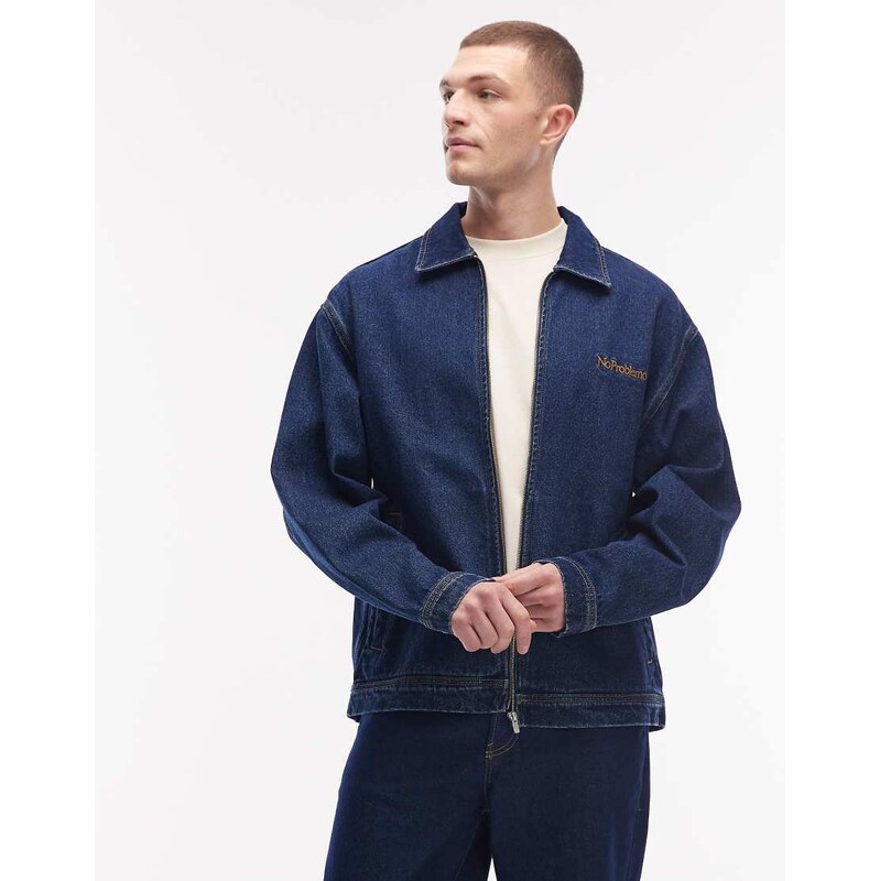 No Problemo heavyweight denim zip up jacket in mid wash blue