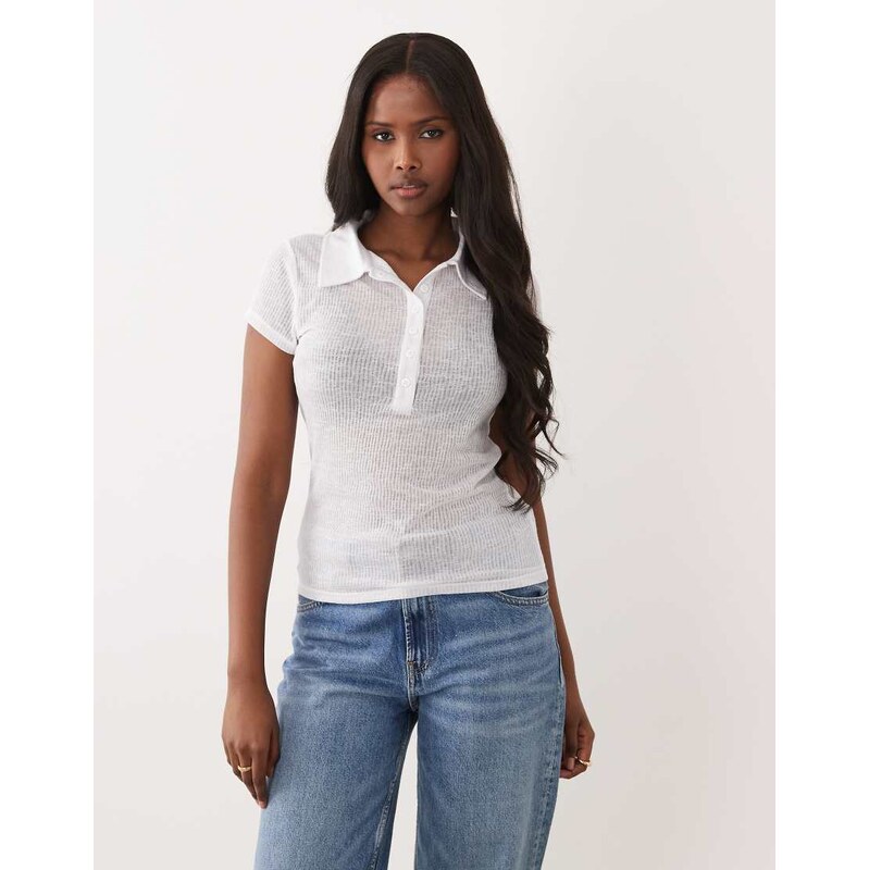 ASOS DESIGN sheer collared short sleeve top in white