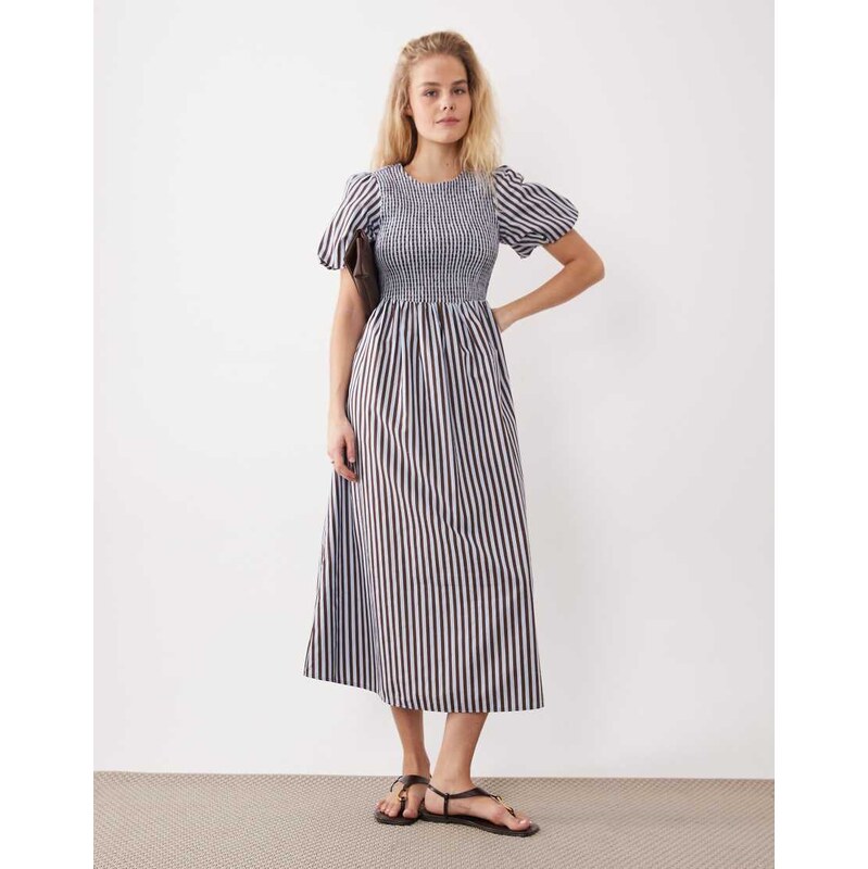 New Look stripe shirred midi dress in blue