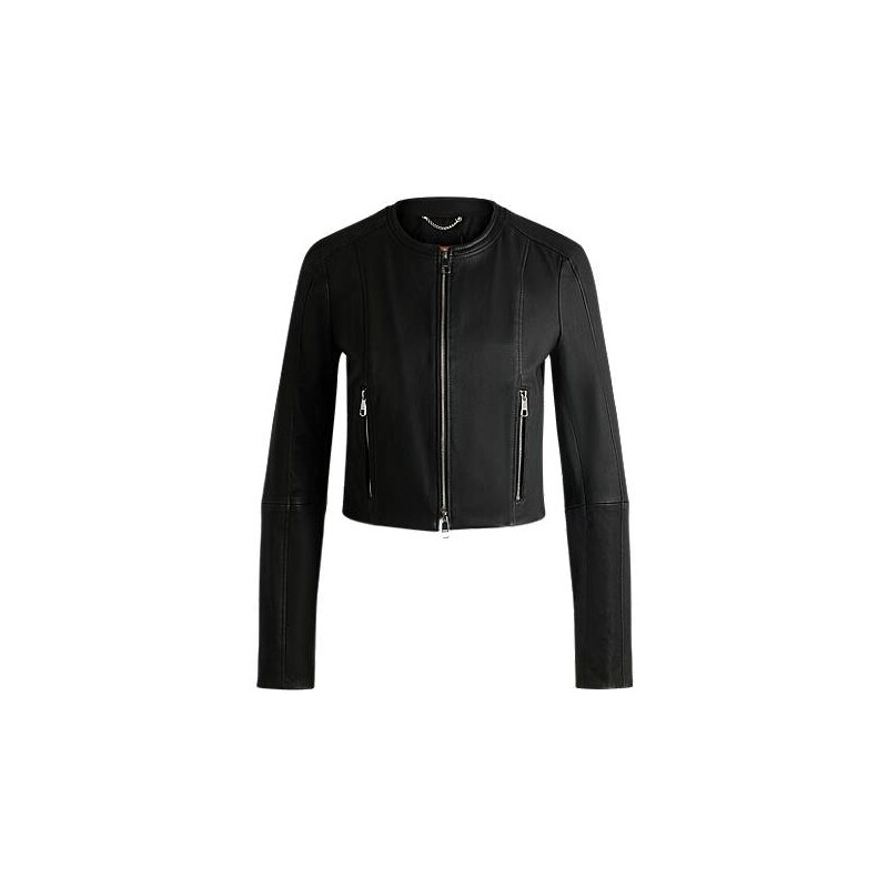 BOSS Collarless leather jacket in a slim fit 114221273