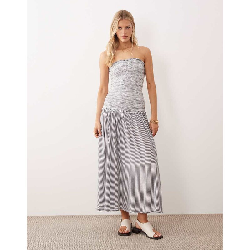 Iisla & Bird bandeau shirred drop waist beach dress in black and white 114259951