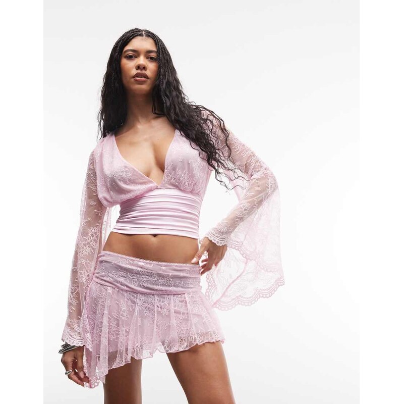 I.AM.GIA Stevie lace deep plunge flute sleeve top co-ord in baby pink 115366033