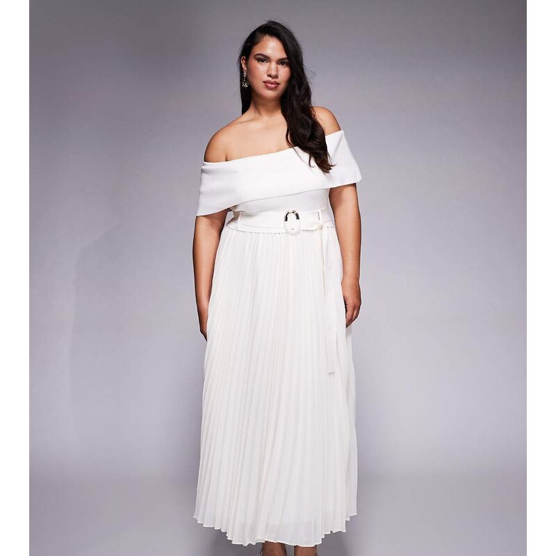 Forever New Curve knitted bardot belted pleat skirt maxi dress in 114281491