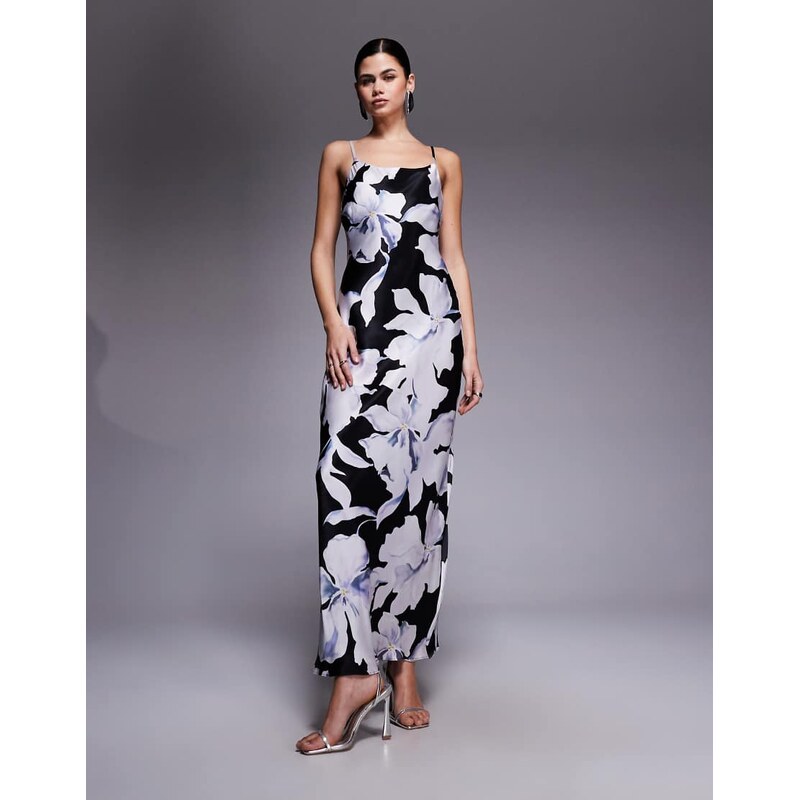 Forever New satin scoop neck cami slip maxi dress in blue floral-Multi 114263582