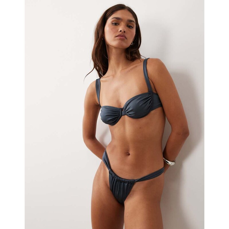 ASOS DESIGN Maya ruched side tanga bikini bottom in charcoal