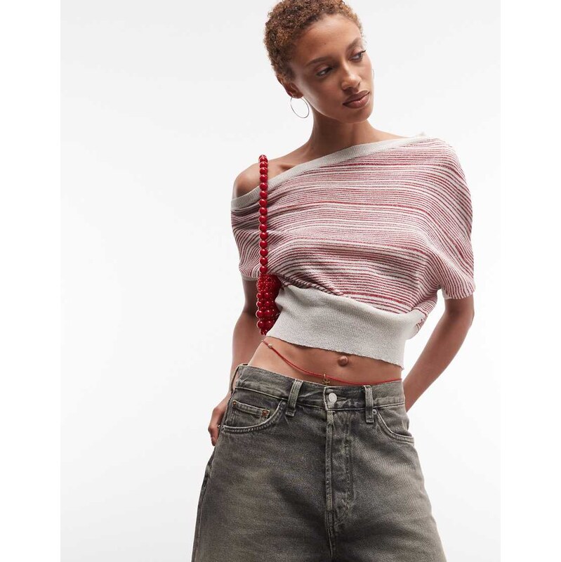 COLLUSION off shoulder shimmer stripe top in red and cream