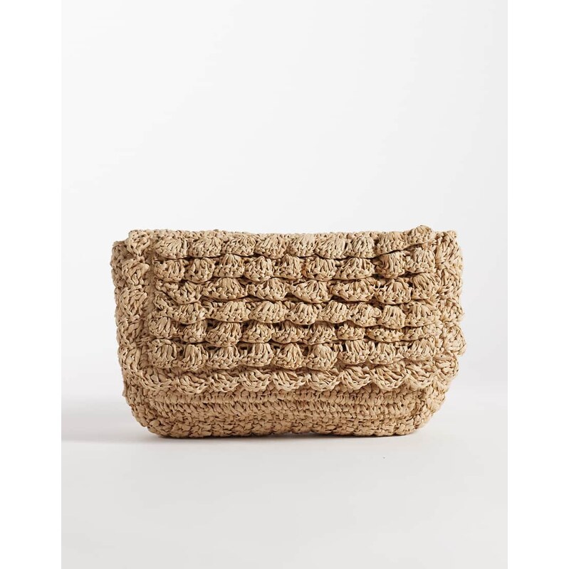 Glamorous textured straw raffia shoulder clutch bag in neutral