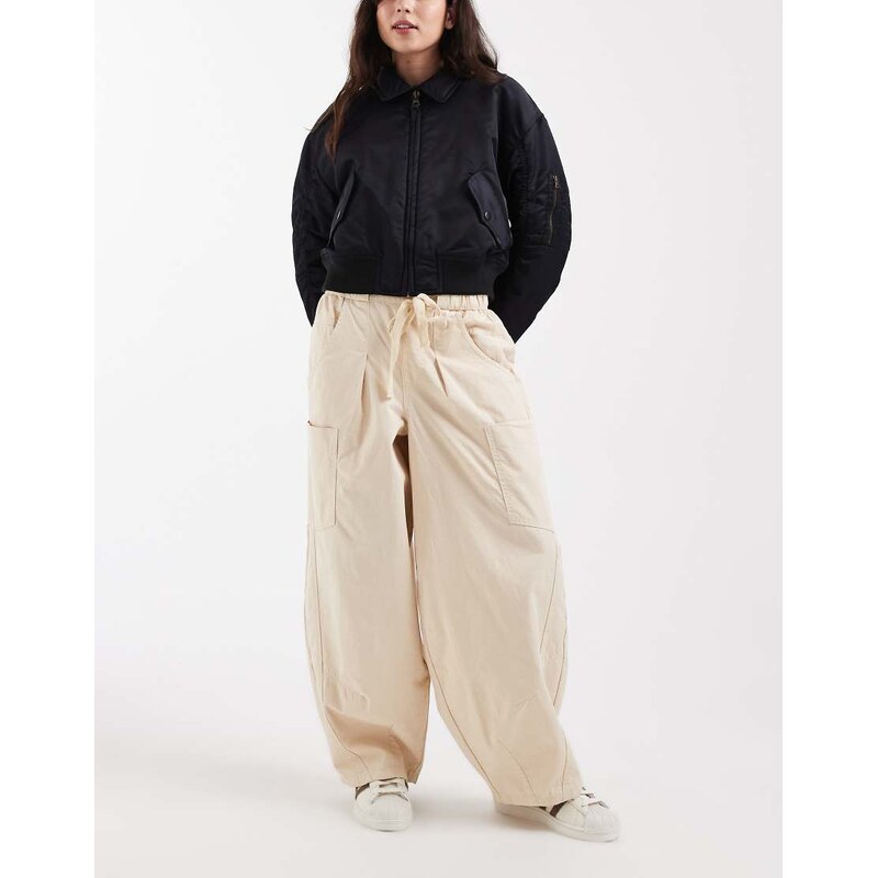 ASOS DESIGN pull on barrel trousers in cream-White