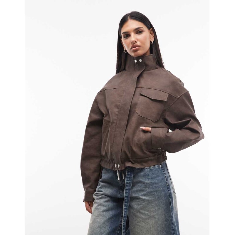 Liquor N Poker boxy textured funnel neck jacket in brown