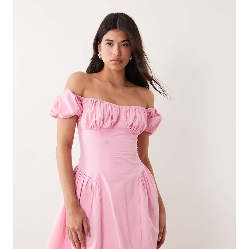 Kaiia exclusive cotton milkmaid puff sleeve hip pleat detail