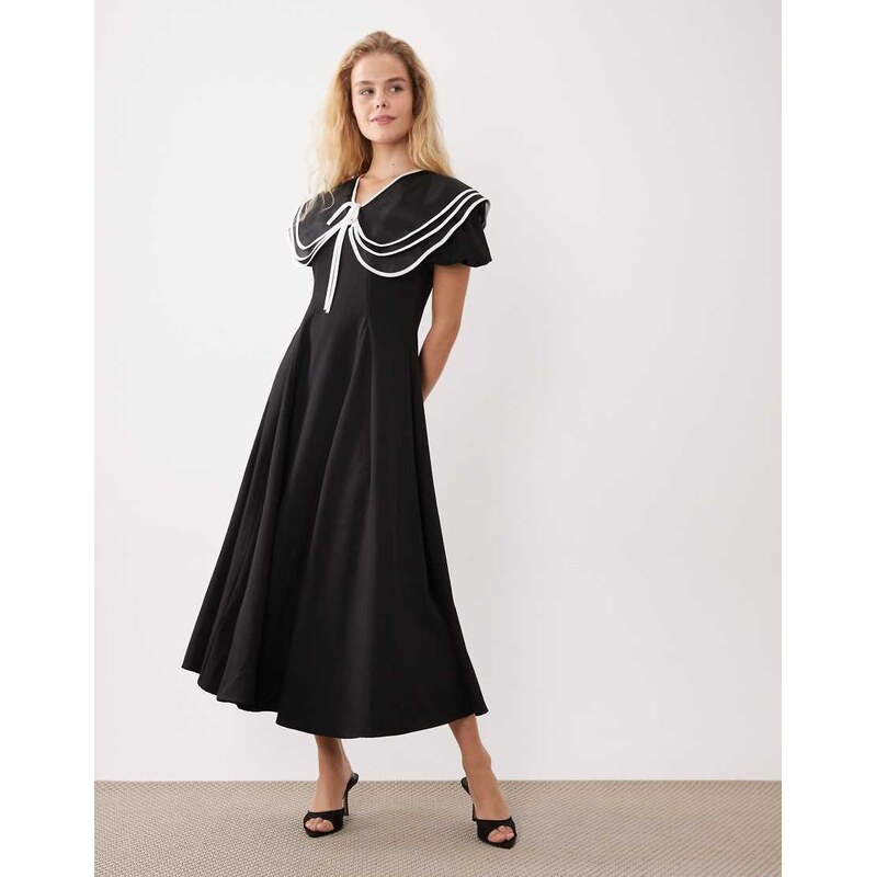 Sister Jane oversized collar puff sleeve midi dress in black
