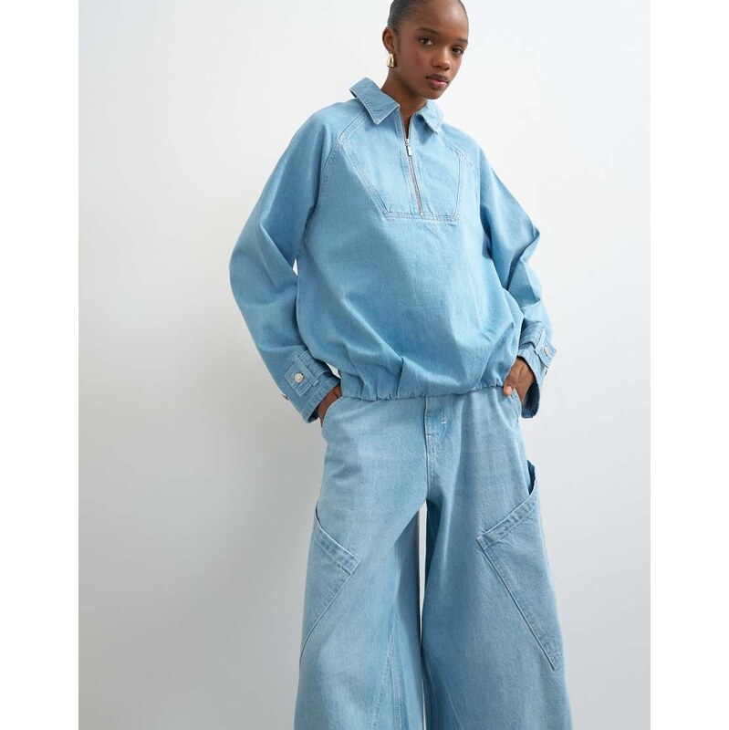 Topshop denim collared quarter zip blouson jacket in mid blue