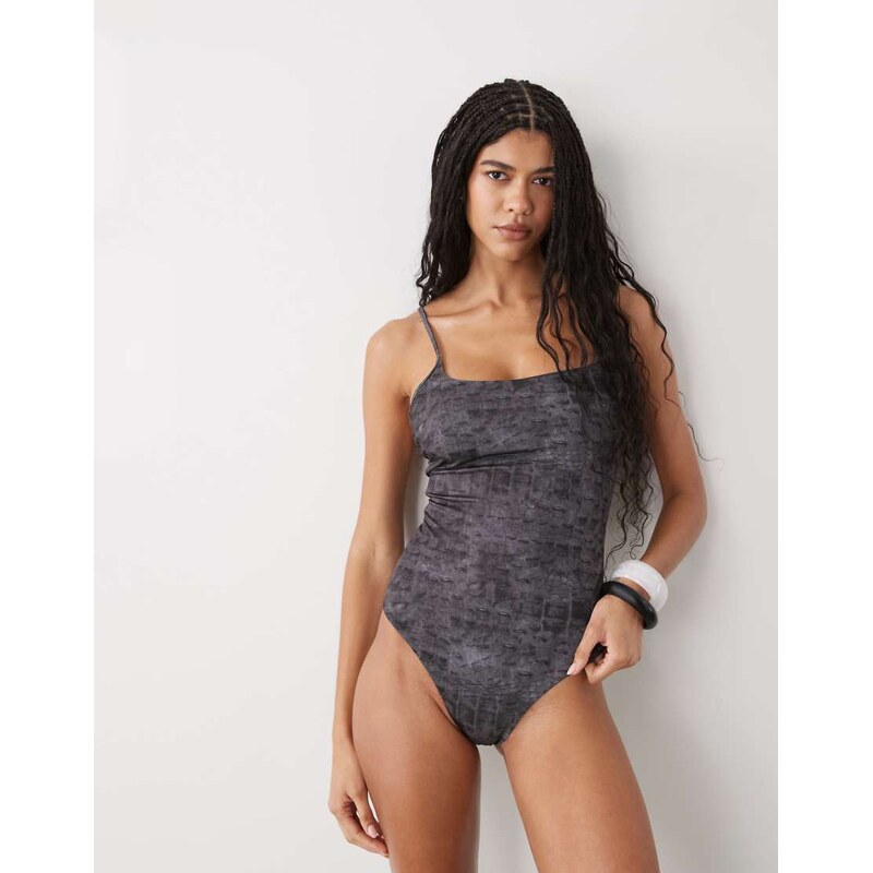 Weekday square neck low back swimsuit in charcoal croc print