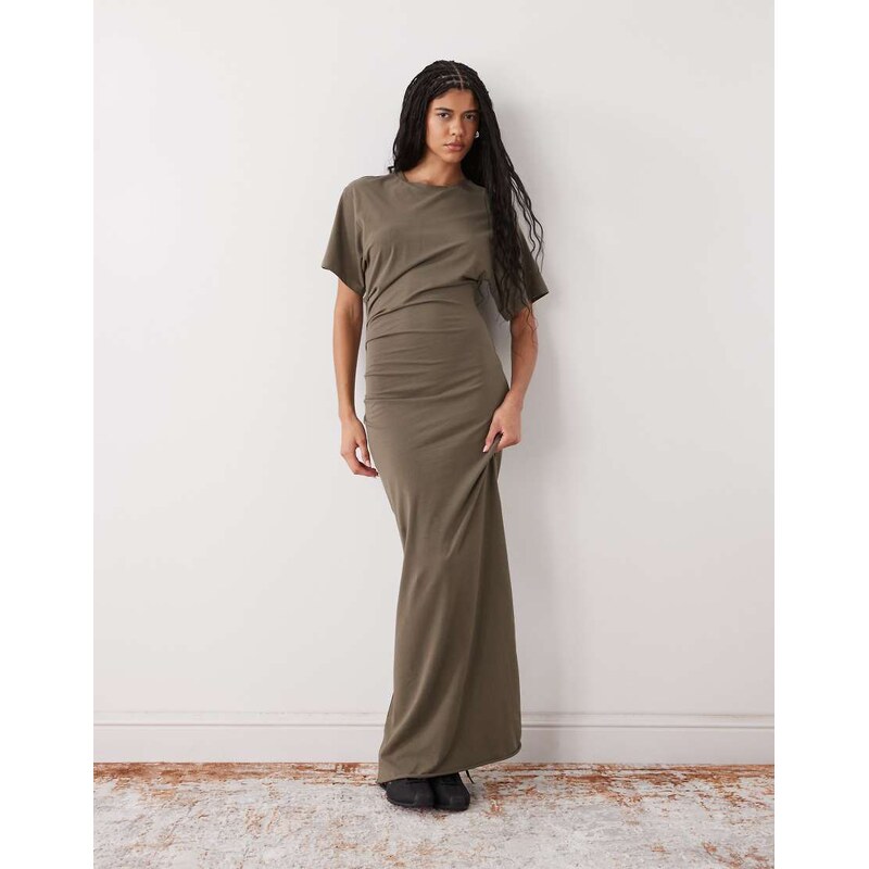 Weekday cinched waist jersey maxi dress in dark grey