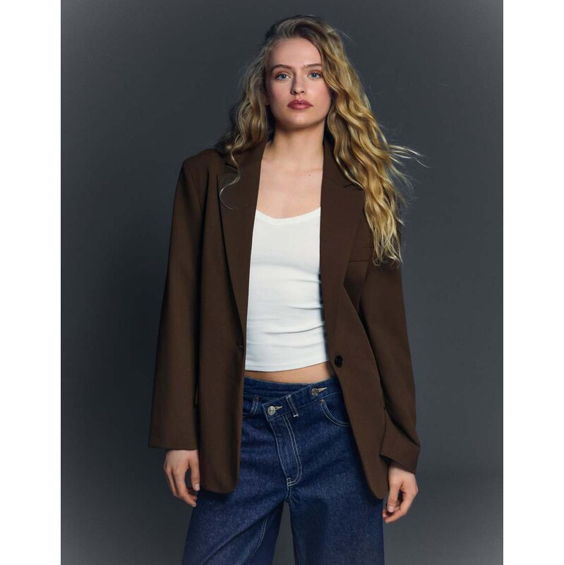 Bershka Blazer with back buckle in brown 114260161