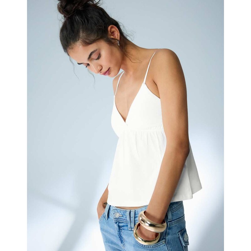 Bershka Ruffle strap top in white