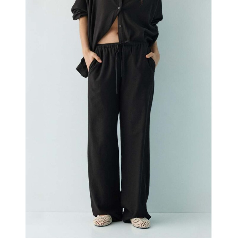 Pull&Bear linen blend trousers in black