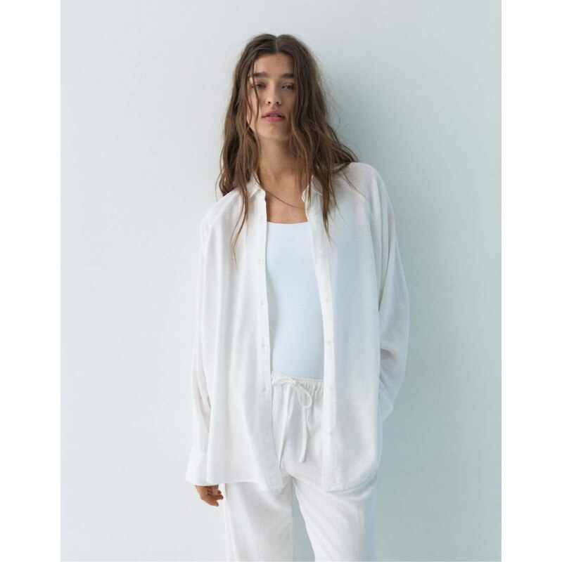 Pull&Bear linen blend long sleeve shirt in white