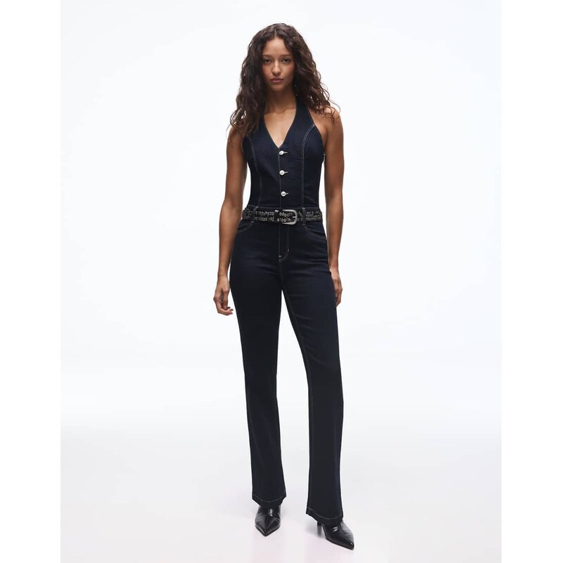 Bershka Denim long jumpsuit in blue-Navy 114260086