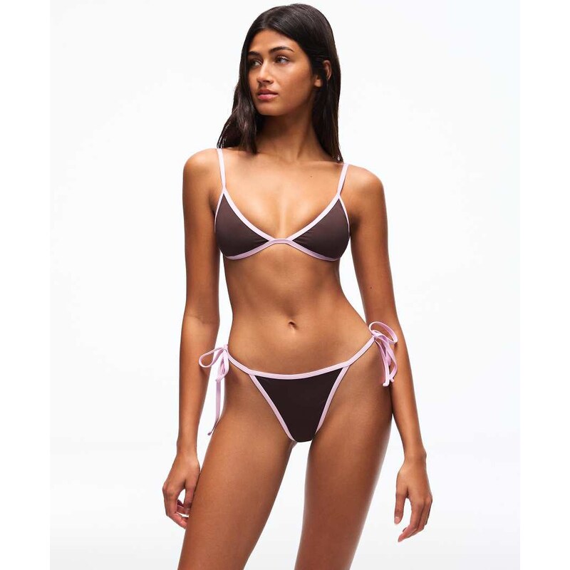Bershka Contrast triangle bikini top in brown