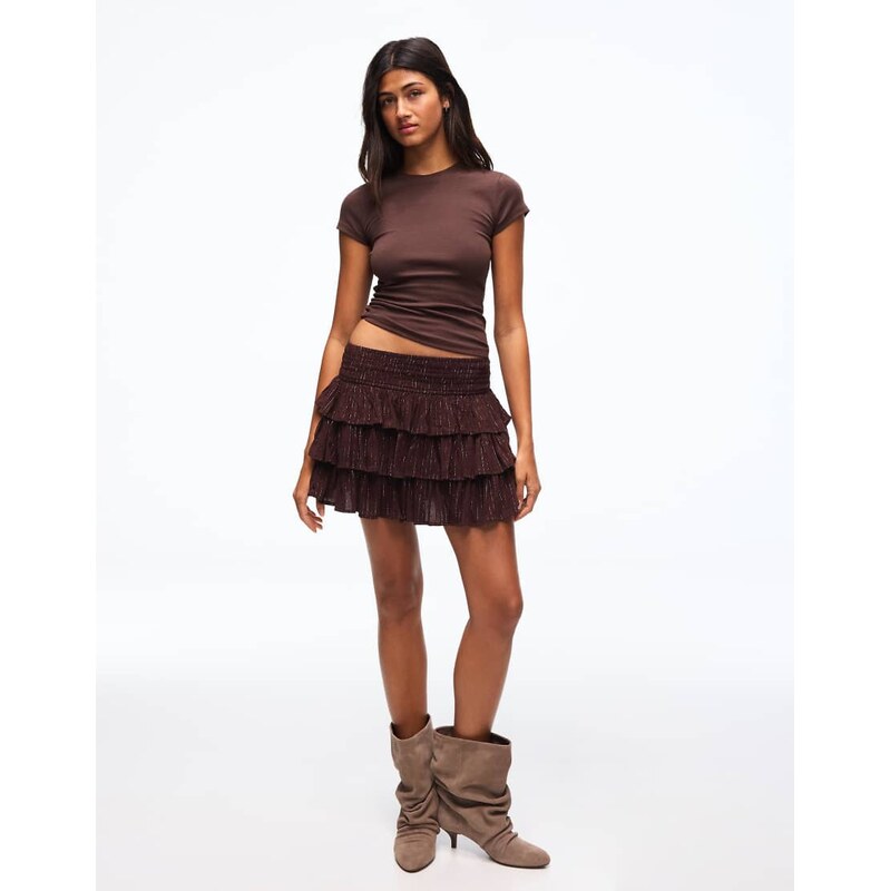 Bershka Shimmery ruffle mini skirt in brown
