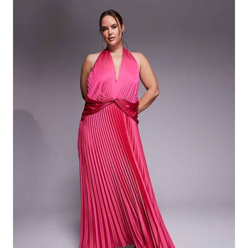 Forever New Curve pleated satin halter neck maxi dress in fuchsia pink 114263575