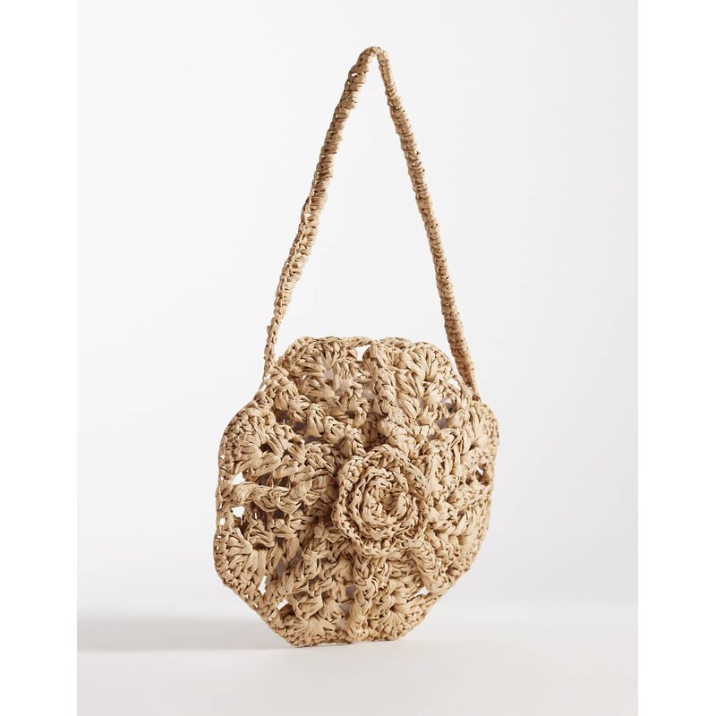 Glamorous straw flower shoulder bag in neutral