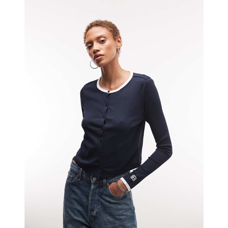 Noisy May ribbed cardigan with contrast seam in navy