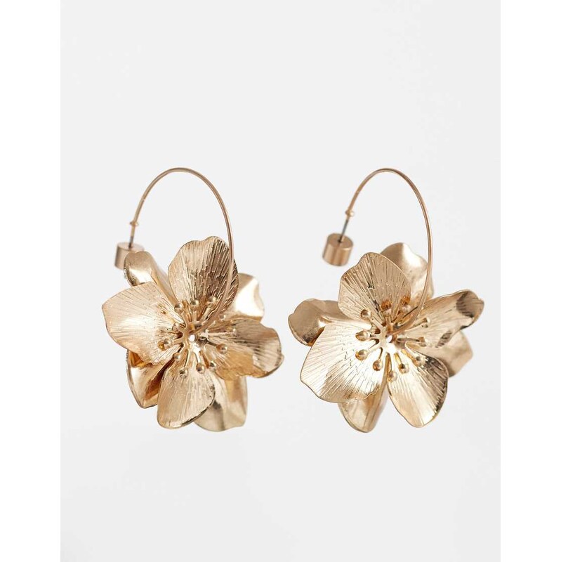 ASOS DESIGN hoop earrings with flower drops in gold tone