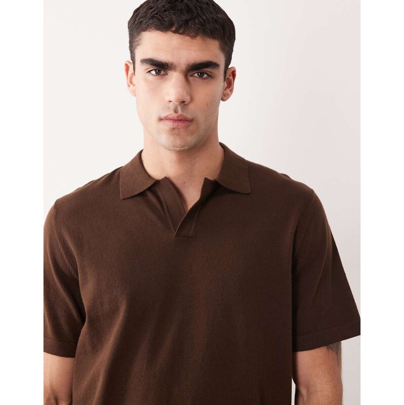 ASOS DESIGN Essential relaxed fine-knit notch polo in brown