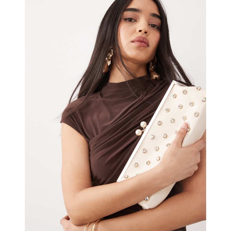 ASOS DESIGN slinky ruched drape detail top in brown