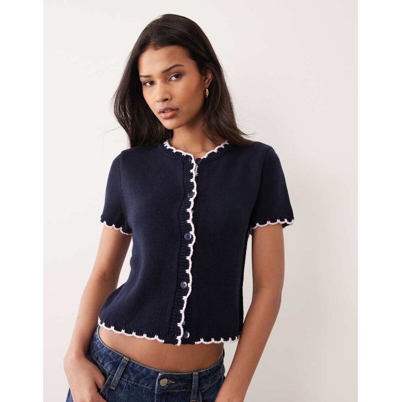 Miss Selfridge short sleeve blanket stitch cardigan in navy-Blue
