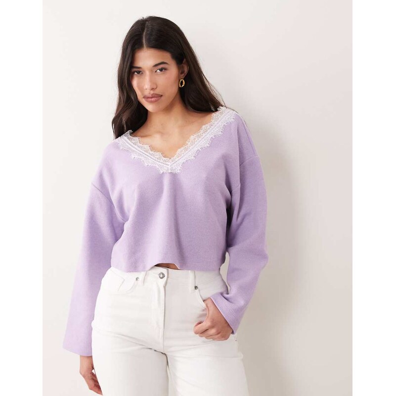 Miss Selfridge brushed rib v-neck top with lace in lilac-Purple 114385371